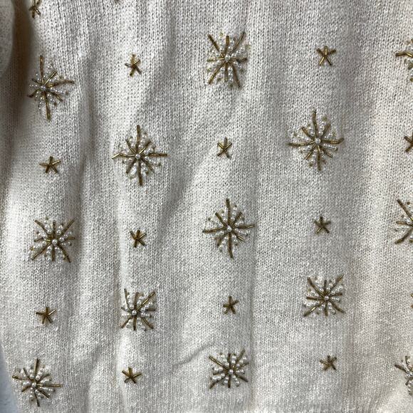 Not So Ugly Christmas Sweater Ivory Gold Beaded Snowflakes Vintage - Picture 6 of 8